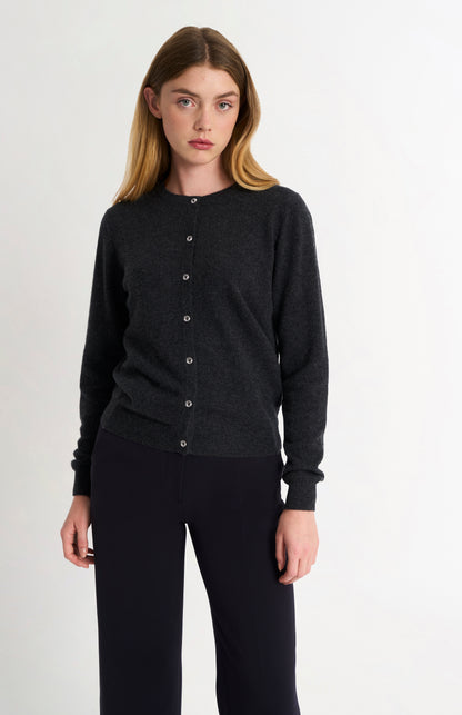 Women's  Classic Crew Neck Cashmere Cardigan In Charcoal Melange