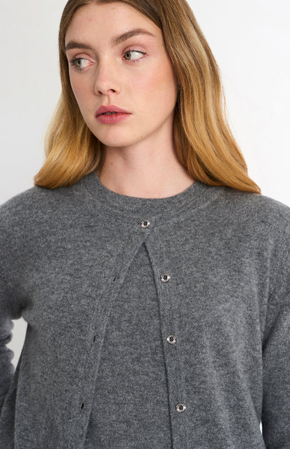 Women's  Classic Crew Neck Cashmere Cardigan In Grey Melange