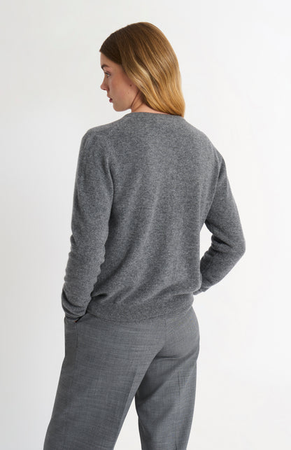 Women's  Classic Crew Neck Cashmere Cardigan In Grey Melange