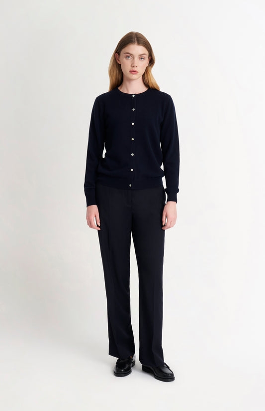 Women's  Classic Crew Neck Cashmere Cardigan In Navy Blue