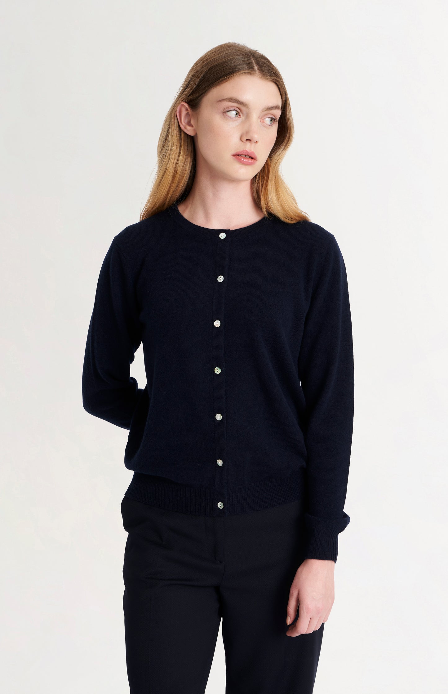 Women's  Classic Crew Neck Cashmere Cardigan In Navy Blue