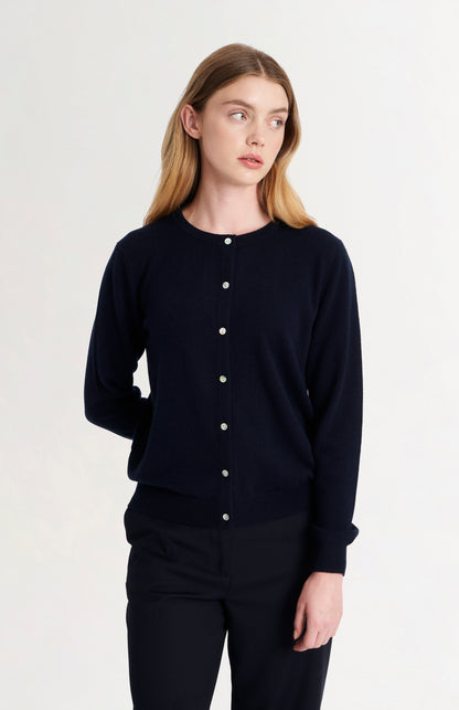 Women's  Classic Crew Neck Cashmere Cardigan In Navy Blue