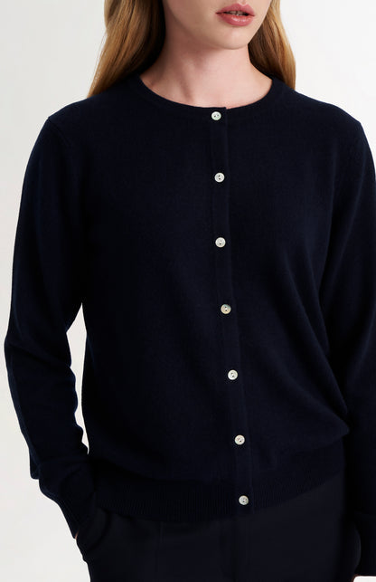 Women's  Classic Crew Neck Cashmere Cardigan In Navy Blue