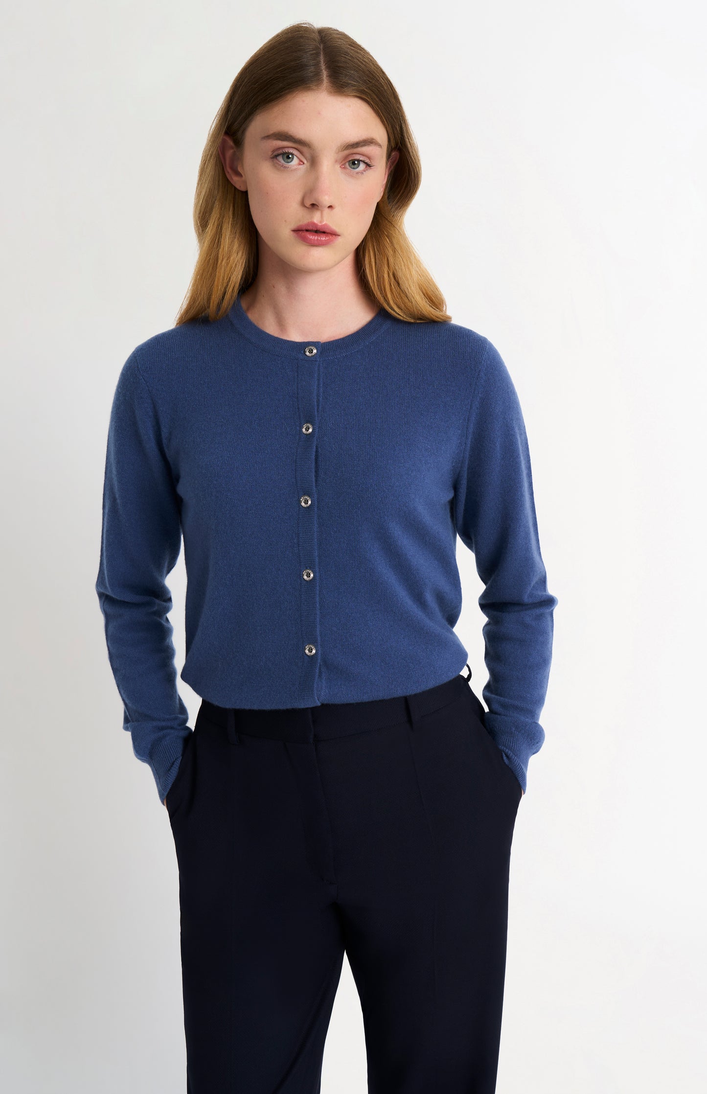 Women's  Classic Crew Neck Cashmere Cardigan In Blue
