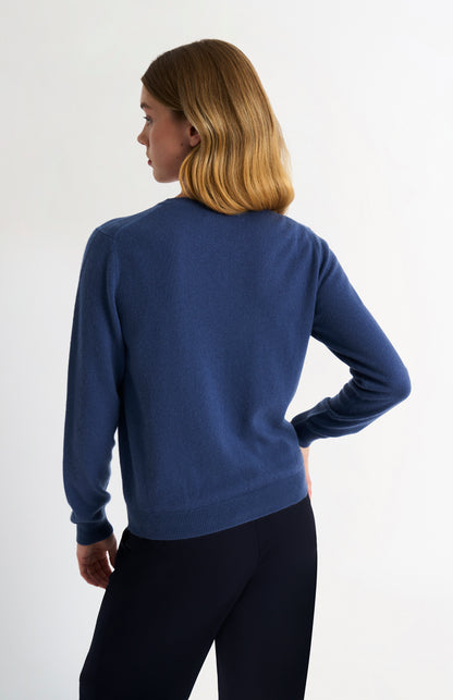 Women's  Classic Crew Neck Cashmere Cardigan In Blue