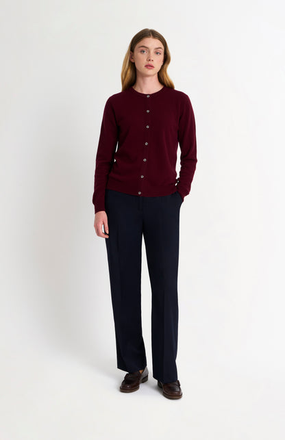 Women's  Classic Crew Neck Cashmere Cardigan In Burgundy