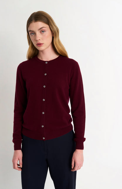 Women's  Classic Crew Neck Cashmere Cardigan In Burgundy