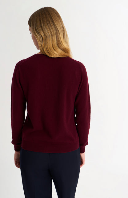 Women's  Classic Crew Neck Cashmere Cardigan In Burgundy