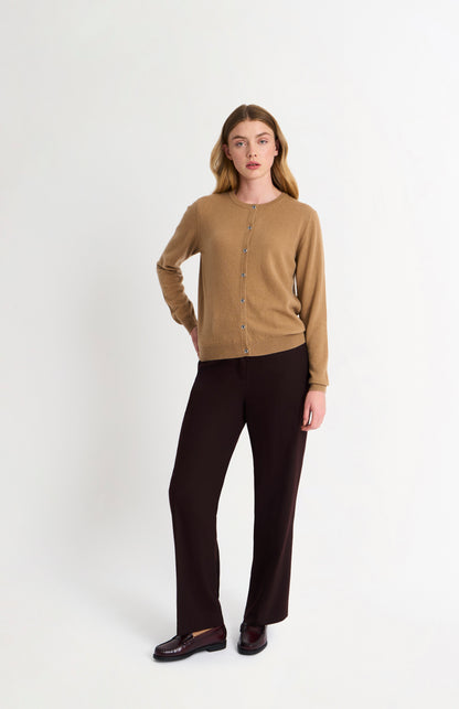Women's  Classic Crew Neck Cashmere Cardigan In Camel