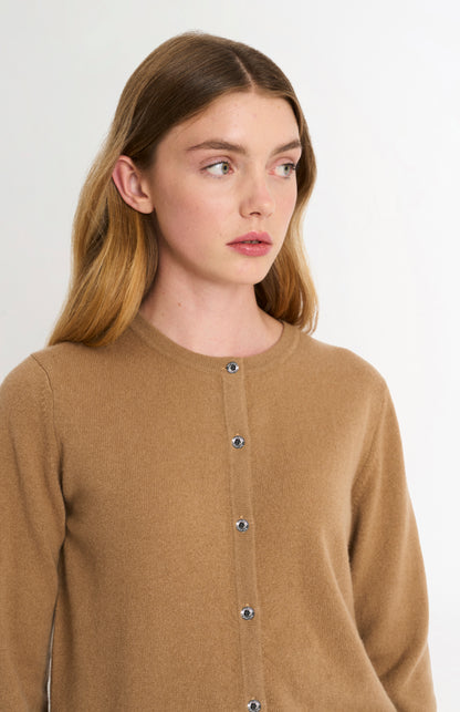 Women's  Classic Crew Neck Cashmere Cardigan In Camel