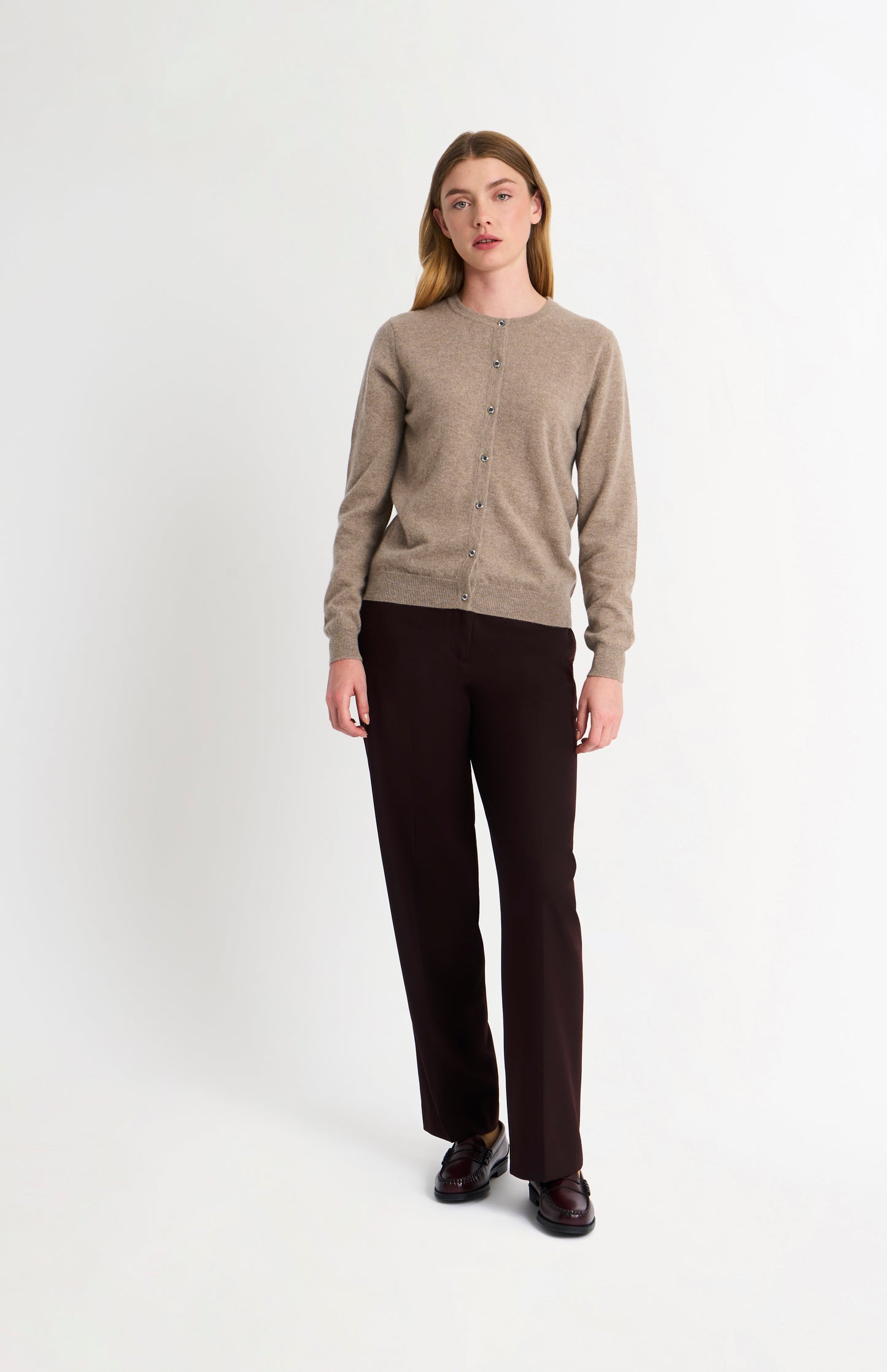 Women's  Classic Crew Neck Cashmere Cardigan In Mushroom Melange