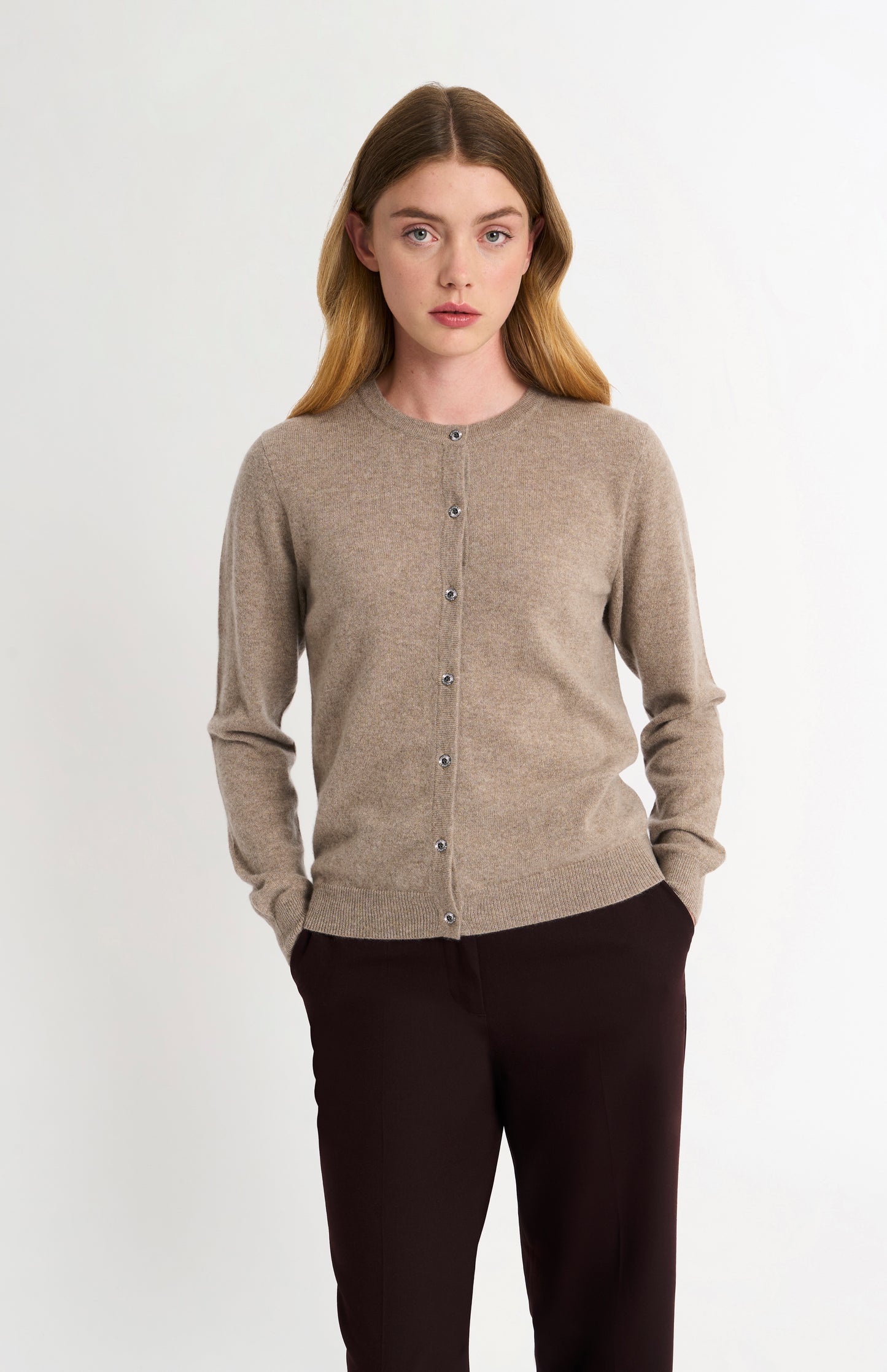 Women's  Classic Crew Neck Cashmere Cardigan In Mushroom Melange
