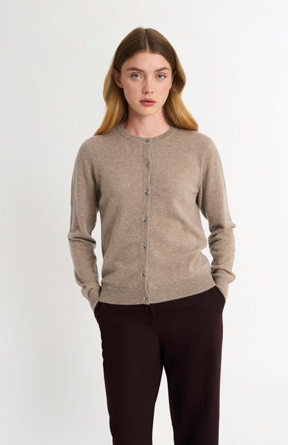 Women's  Classic Crew Neck Cashmere Cardigan In Mushroom Melange