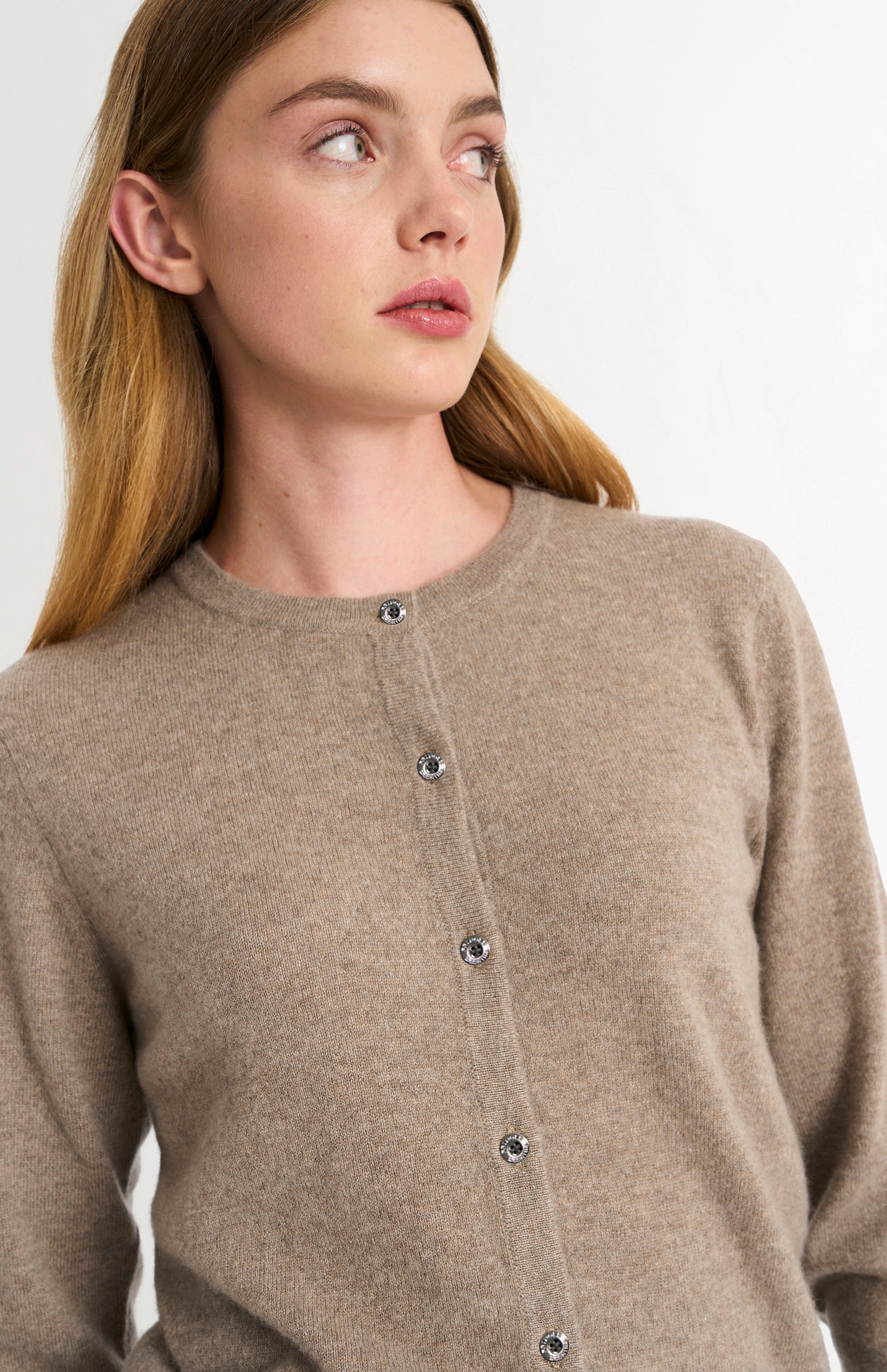 Women's  Classic Crew Neck Cashmere Cardigan In Mushroom Melange