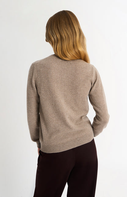Women's  Classic Crew Neck Cashmere Cardigan In Mushroom Melange