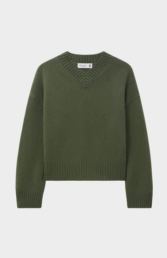 Womens V Neck Chunky Cashmere Jumper In Evergreen