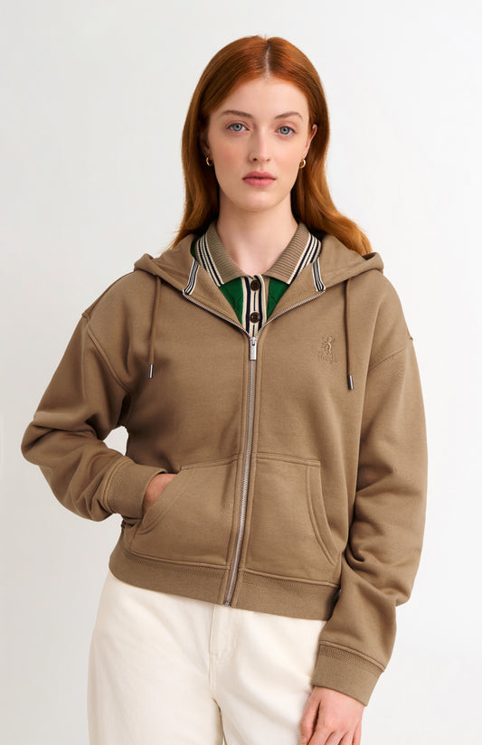 Women's Brushed Back Zip Through Hooded Sweat In Camel