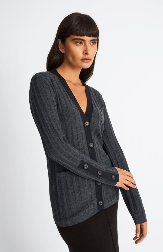 Pringle of Scotland Merino Silk Ribbed Cardigan in Charcoal & Black on model