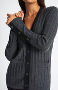 Pringle of Scotland Merino Silk Ribbed Cardigan in Charcoal & Black showing button detail