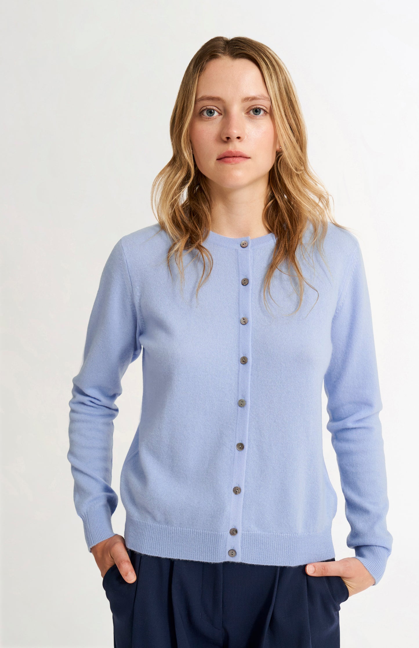 Pringle Women's Classic Round Neck Cashmere Cardigan In Sky Blue on model