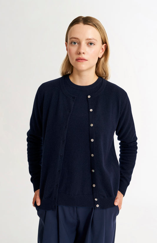 Pringle Women's Classic Round Neck Cashmere Cardigan In Navy Melange on model