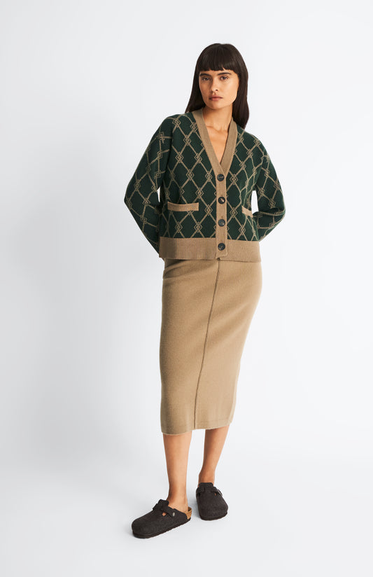 Pringle of Scotland Cashmere Blend Pencil Skirt in Camel on model