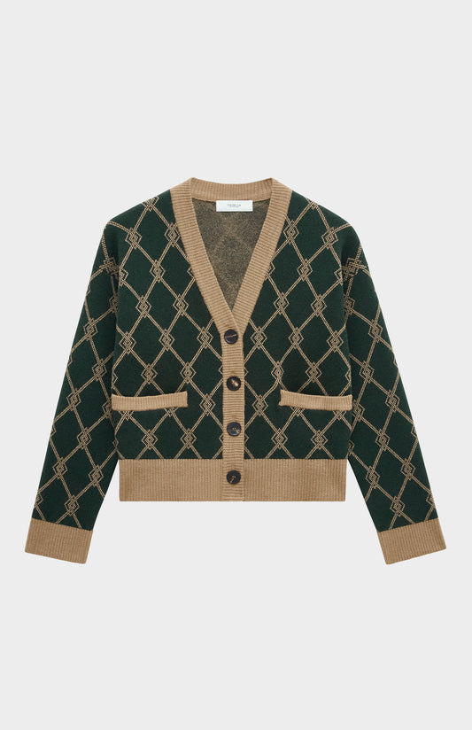 Pringle of Scotland Cashmere Blend Monogram Cardigan in Moss Green / Camel flat shot