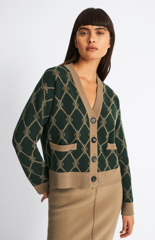 Pringle of Scotland Cashmere Blend Monogram Cardigan in Moss Green / Camel on model