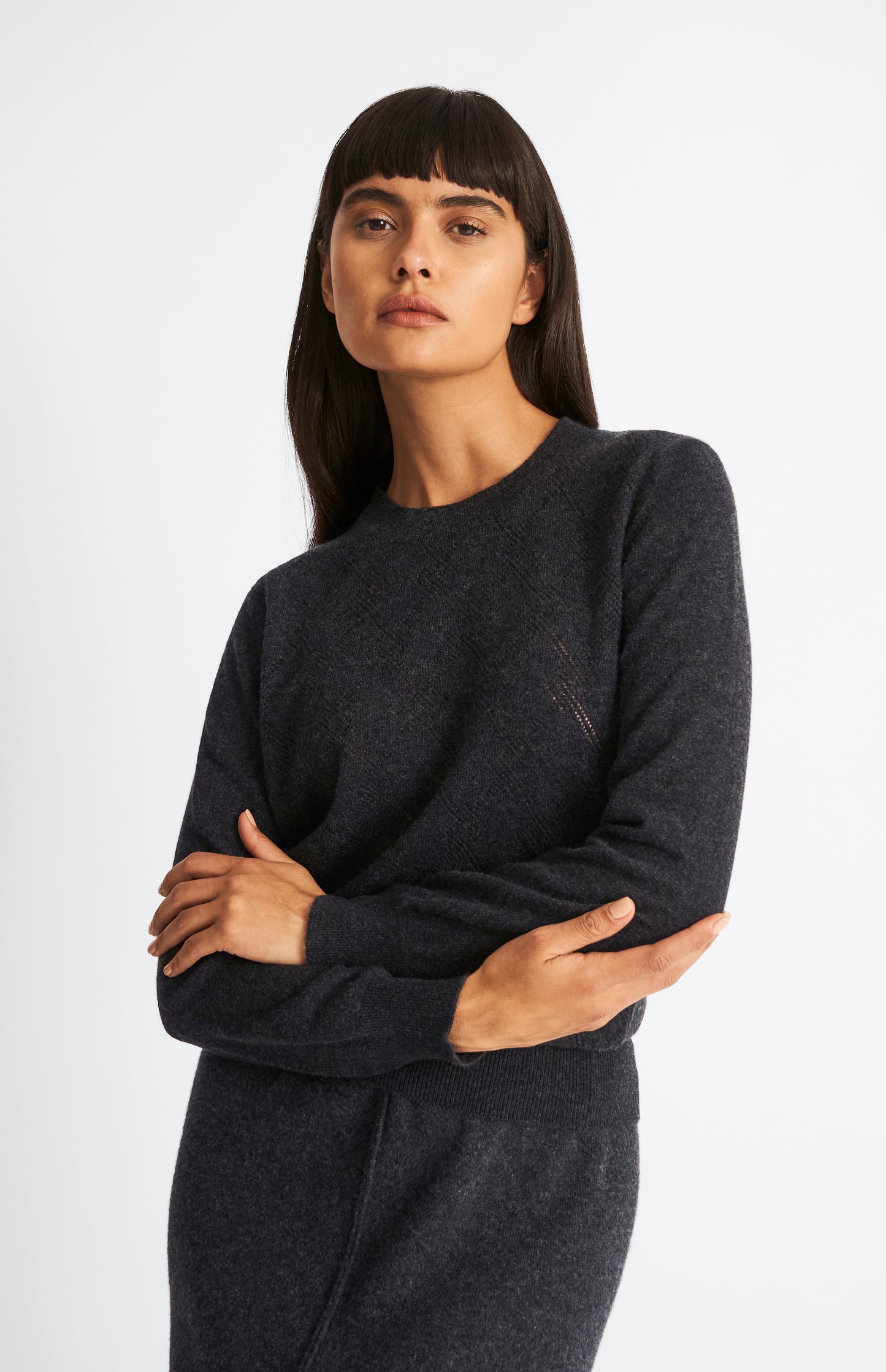 Pringle of Scotland Round Neck Pointelle Argyle Cashmere Jumper in Charcoal on model