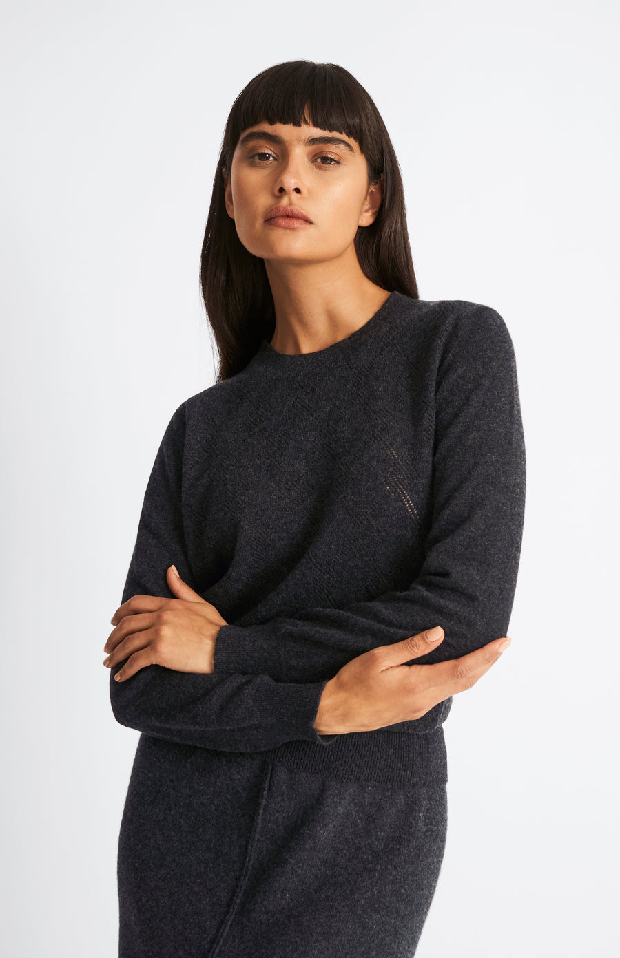 Pringle of Scotland Round Neck Pointelle Argyle Cashmere Jumper in Charcoal on model
