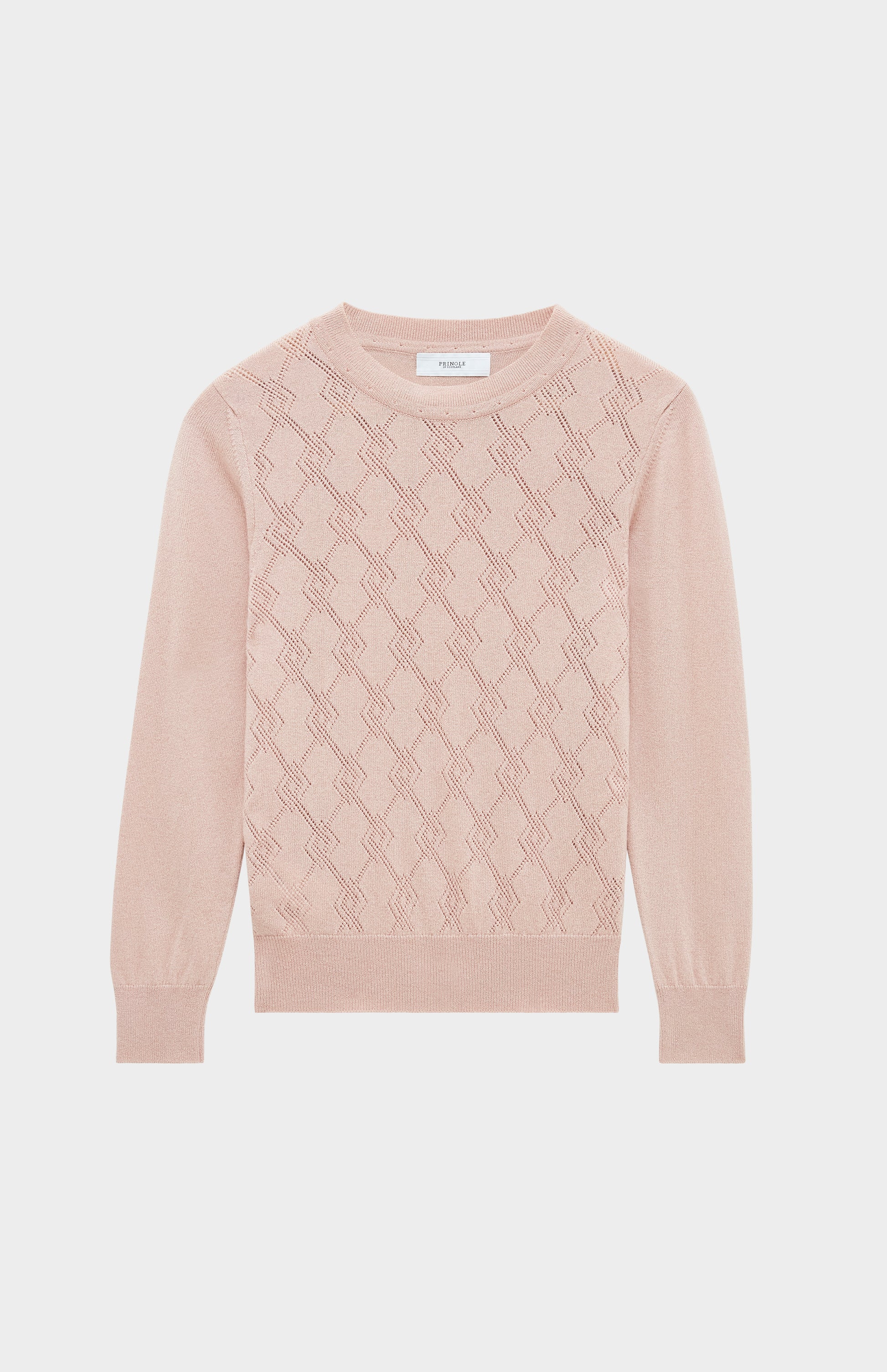 Pringle of Scotland Round Neck Pointelle Argyle Cashmere Jumper in Dusty Pink flat shot