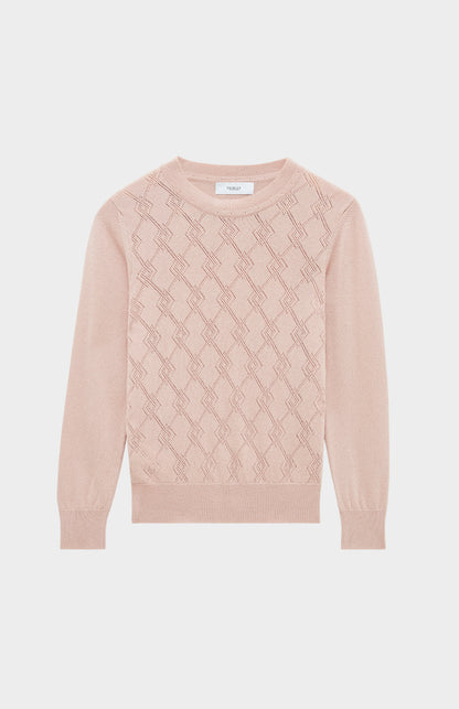 Pringle of Scotland Round Neck Pointelle Argyle Cashmere Jumper in Dusty Pink flat shot