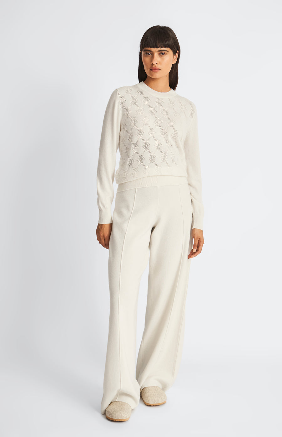 Knitted Wide Leg Cashmere Blend Trousers In Cream