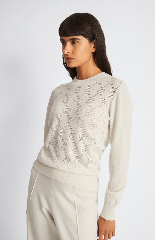 Round Neck Pointelle Argyle Cashmere Jumper In Off White