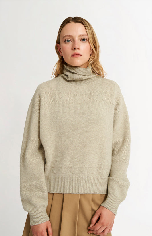 Pringle of Scotland Women's Roll Neck Cashmere Jumper In Oatmeal on model