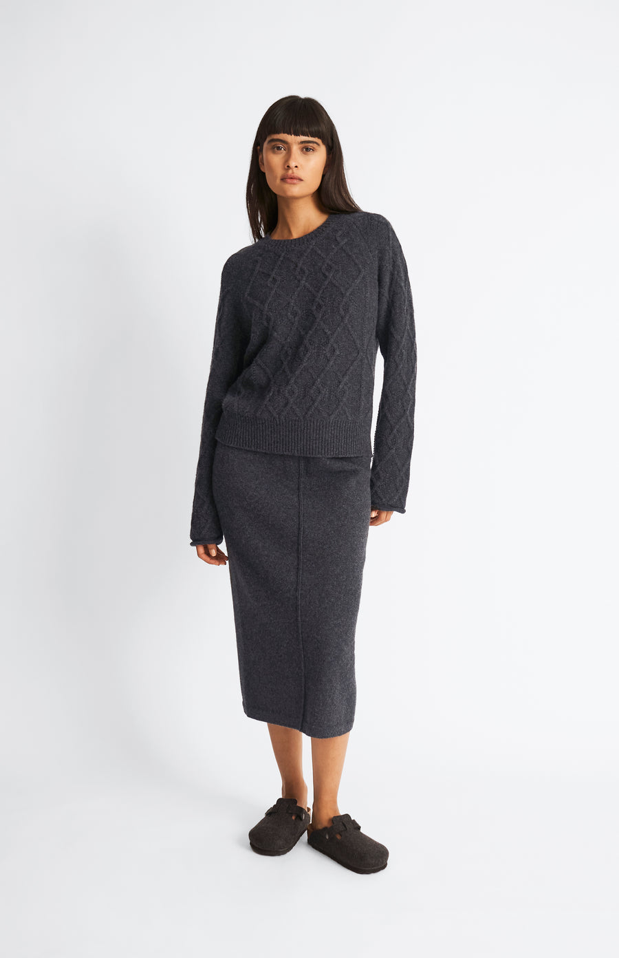 Pringle of Scotland Round Neck Multi Textured Cashmere Blend Jumper in Charcoal on model full length