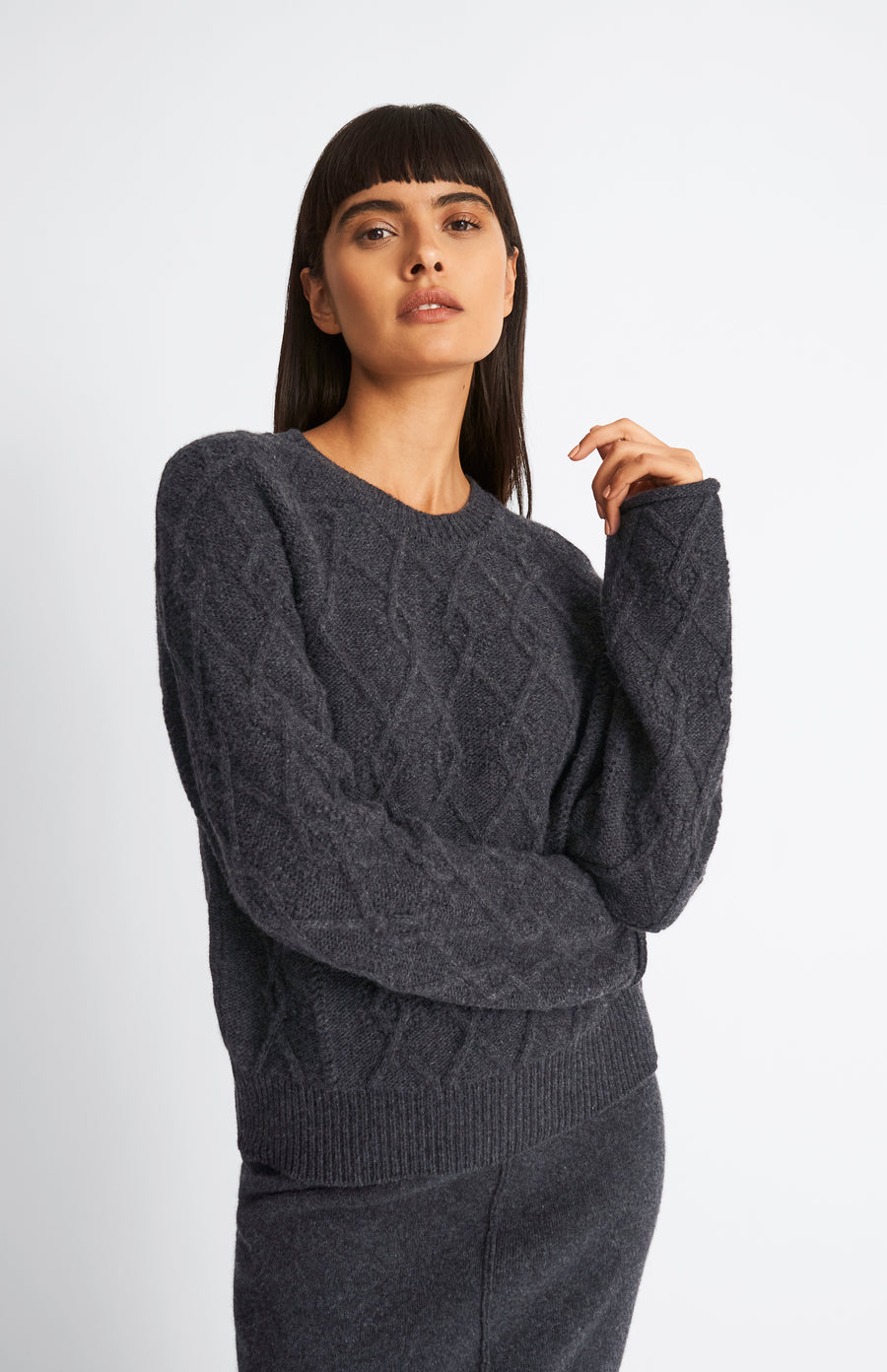 Pringle of Scotland Round Neck Multi Textured Cashmere Blend Jumper in Charcoal on model