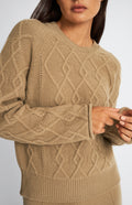 Pringle of Scotland Round Neck Multi Textured Cashmere Blend Jumper in Camel showing cable detail