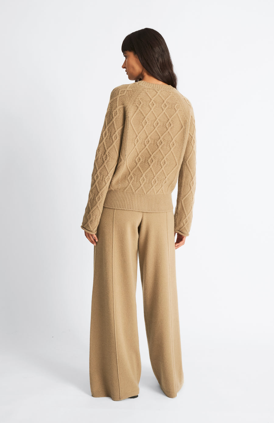 Pringle of Scotland Round Neck Multi Textured Cashmere Blend Jumper in Camel rear view.