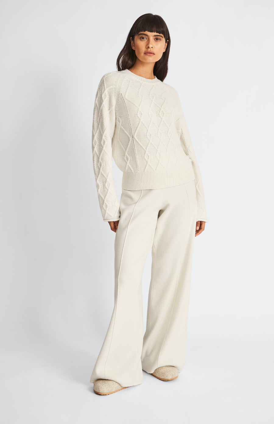 Pringle Round Neck Multi Textured Cashmere Blend Jumper in Cream with matching trousers