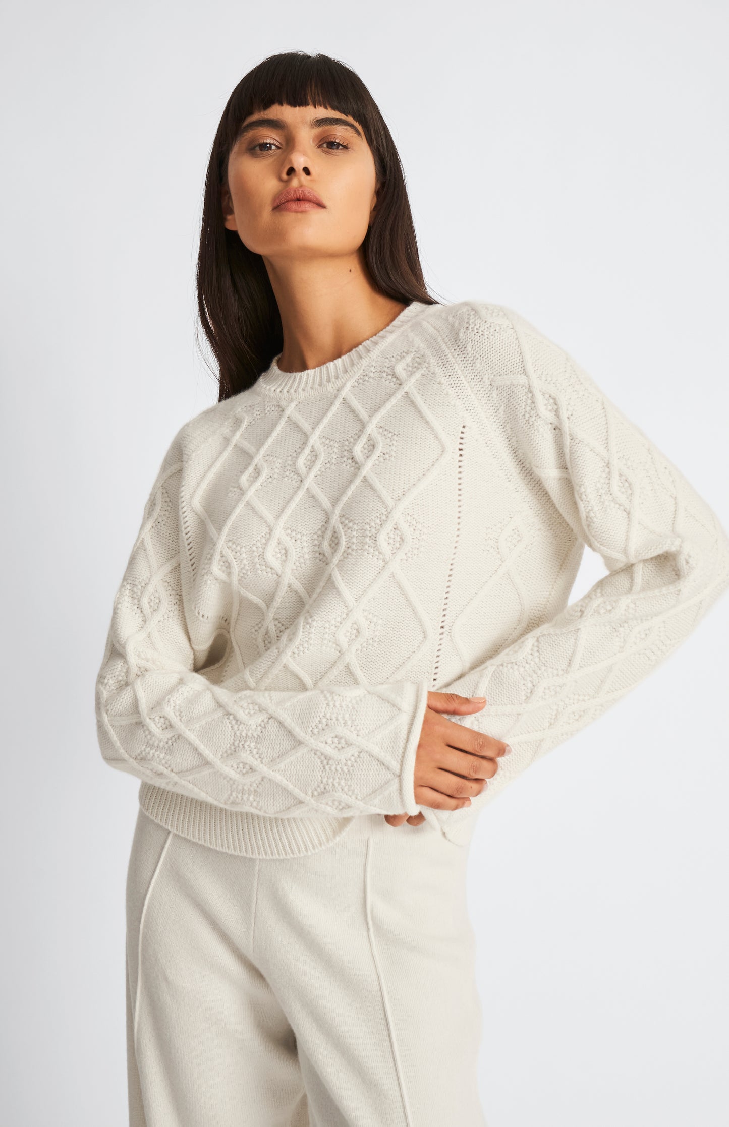 Pringle Round Neck Multi Textured Cashmere Blend Jumper in Cream