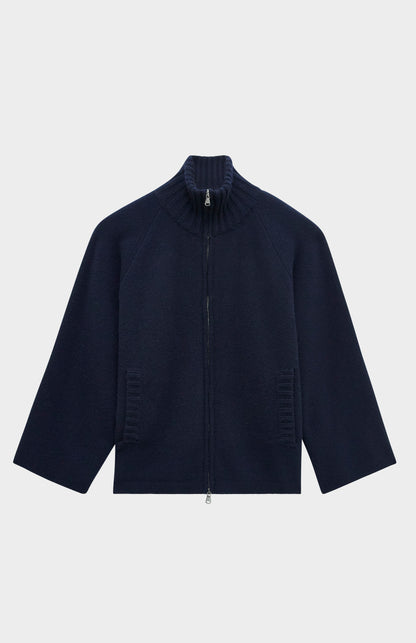 Pringle of Scotland Cashmere Blend High Neck Zip Thru Jacket in Indigo