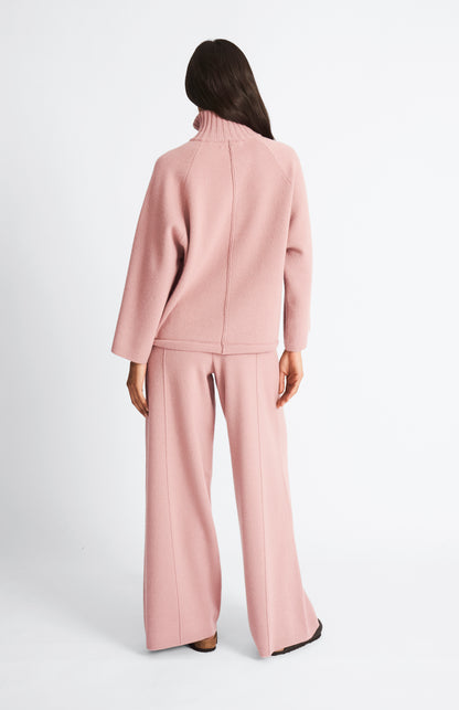 Pringle Cashmere Blend High Neck Zip Thru Jacket in Dusty Pink back view with matching trousers