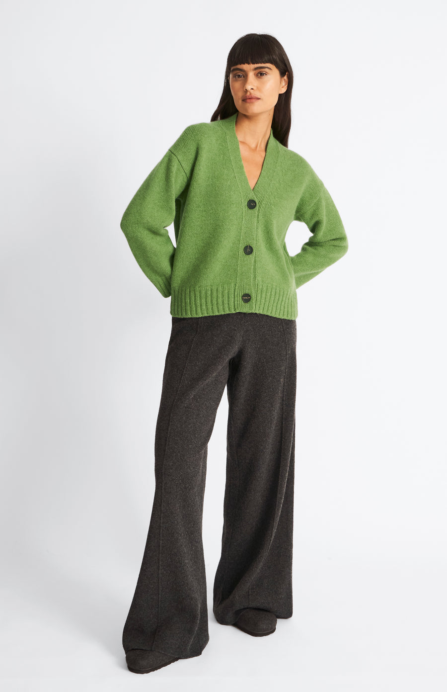 Pringle of Scotland Women's Cropped Cosy Cashmere Cardigan In Wood Sage on model full length