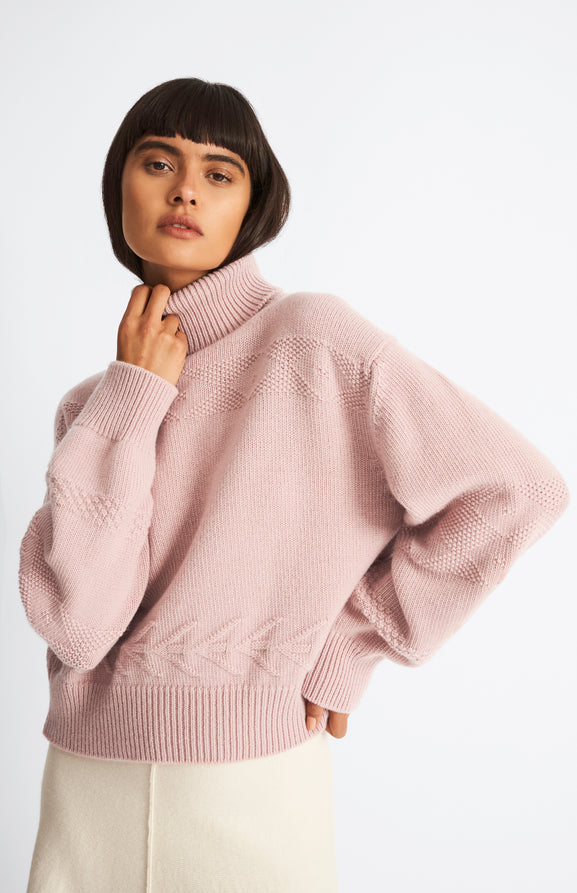 Roll Neck Guernsey Cashmere Jumper In Dusty Pink
