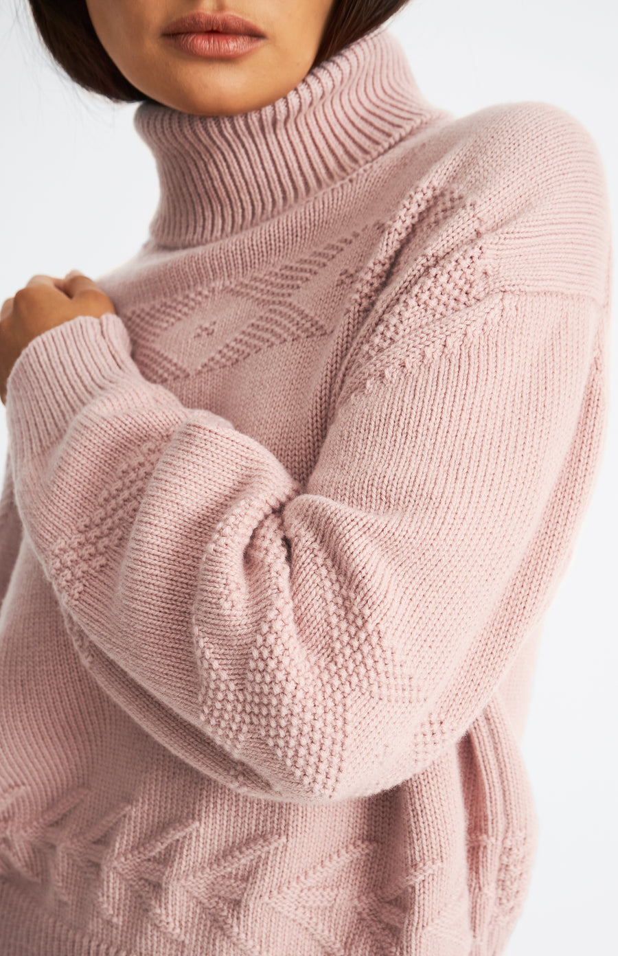 Pringle of Scotland Roll Neck Guernsey Cashmere Jumper In Dusty Pink neck detail
