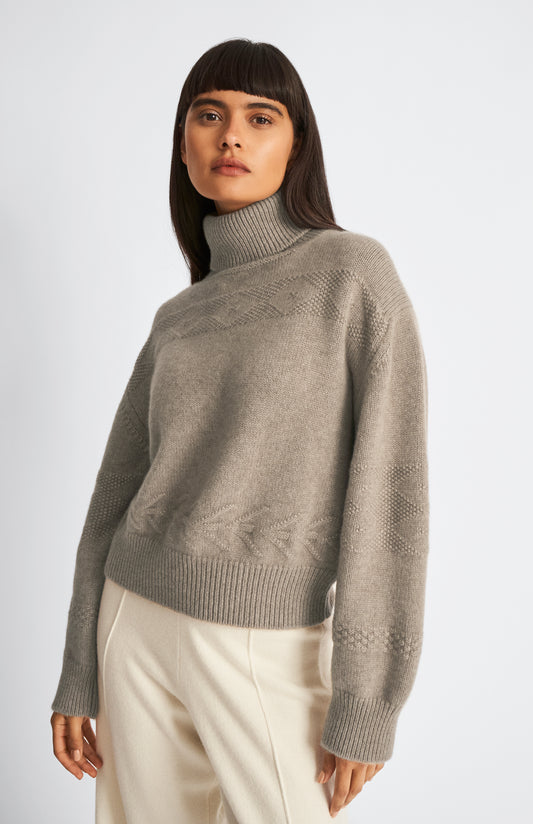 Pringle of Scotland Roll Neck Guernsey Cashmere Jumper In Dark Natural on model