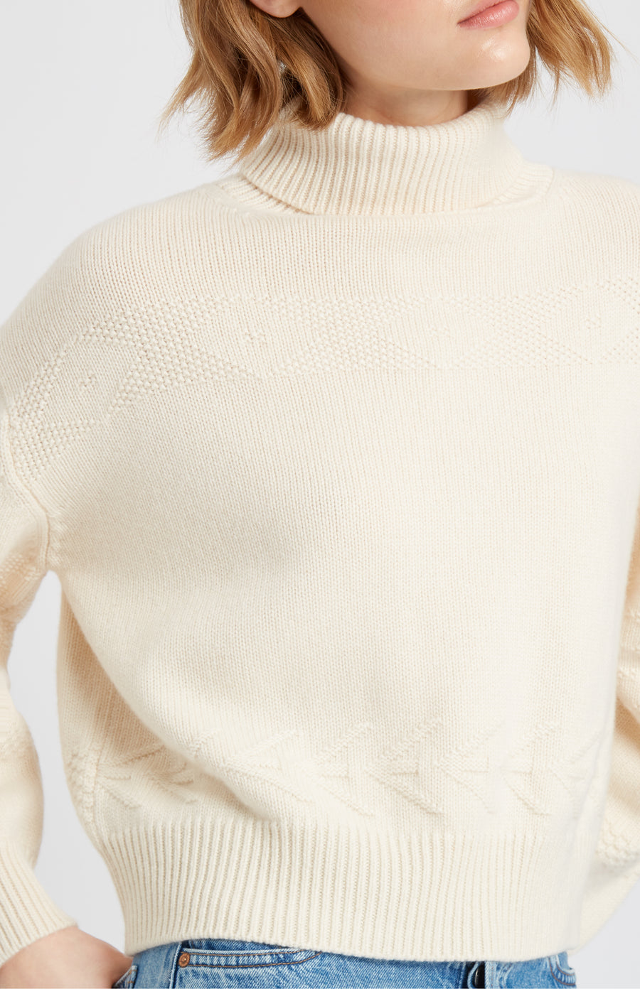 Pringle of Scotland Roll Neck Guernsey Cashmere Jumper In Off White on model
