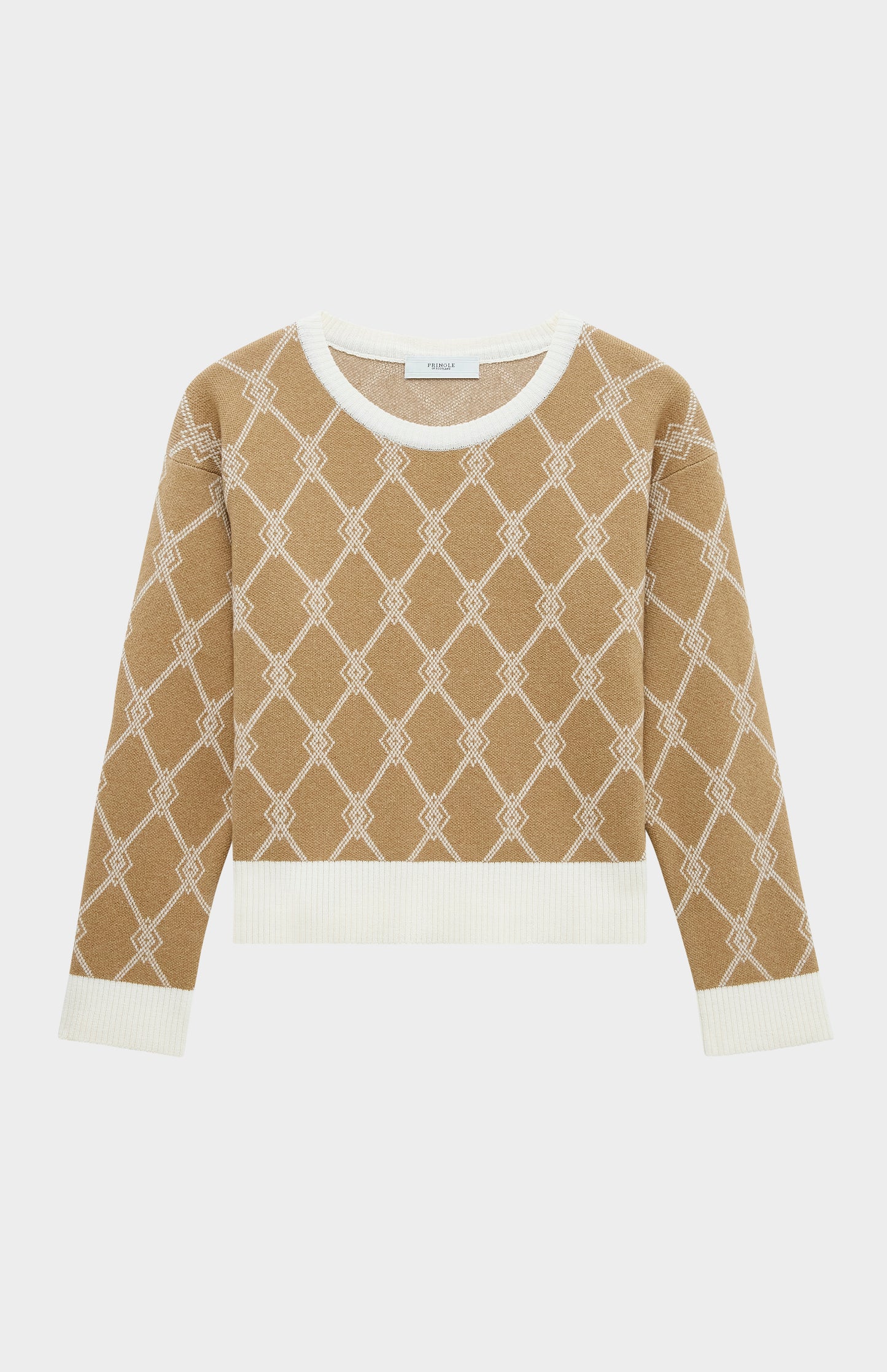 Pringle of Scotland Cashmere Blend Monogram Jumper in Camel / Cream flat shot