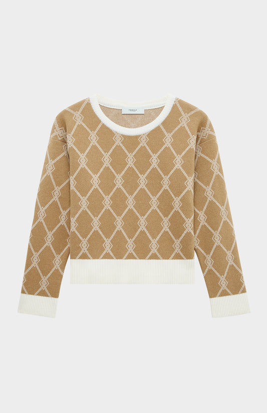 Pringle of Scotland Cashmere Blend Monogram Jumper in Camel / Cream flat shot